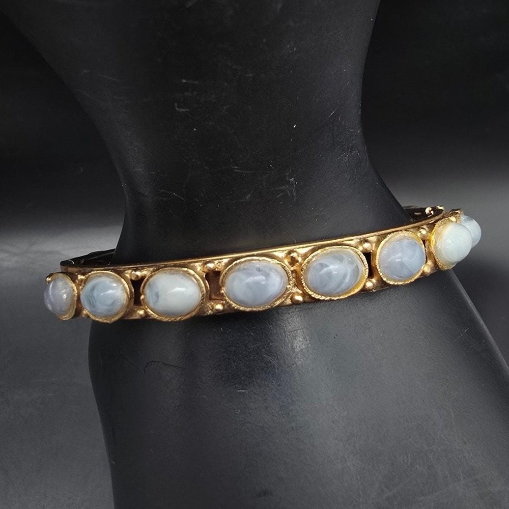 Light Blue Gold Tone Hinged Bangle Bracelet Vintage Costume Jewelry